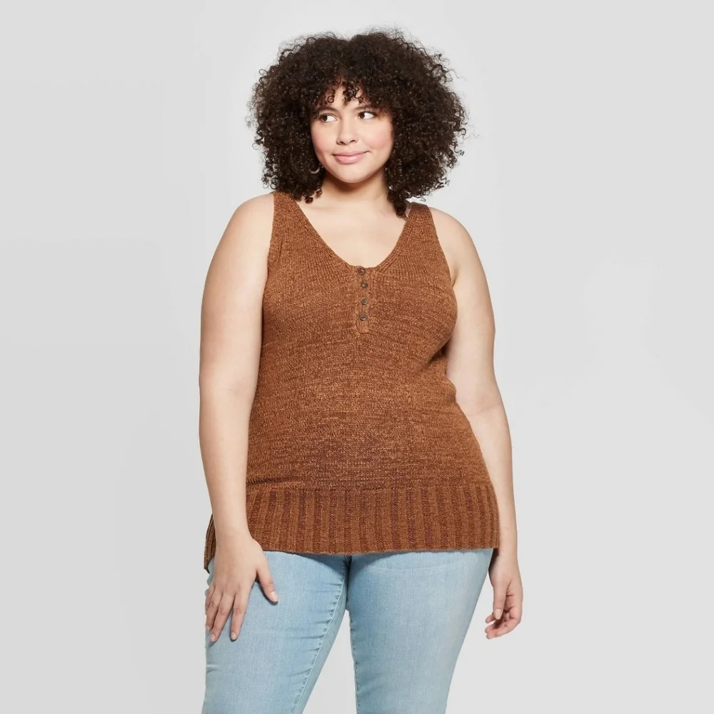 Women's Knit v neck Henley sweater tank top brown Medium